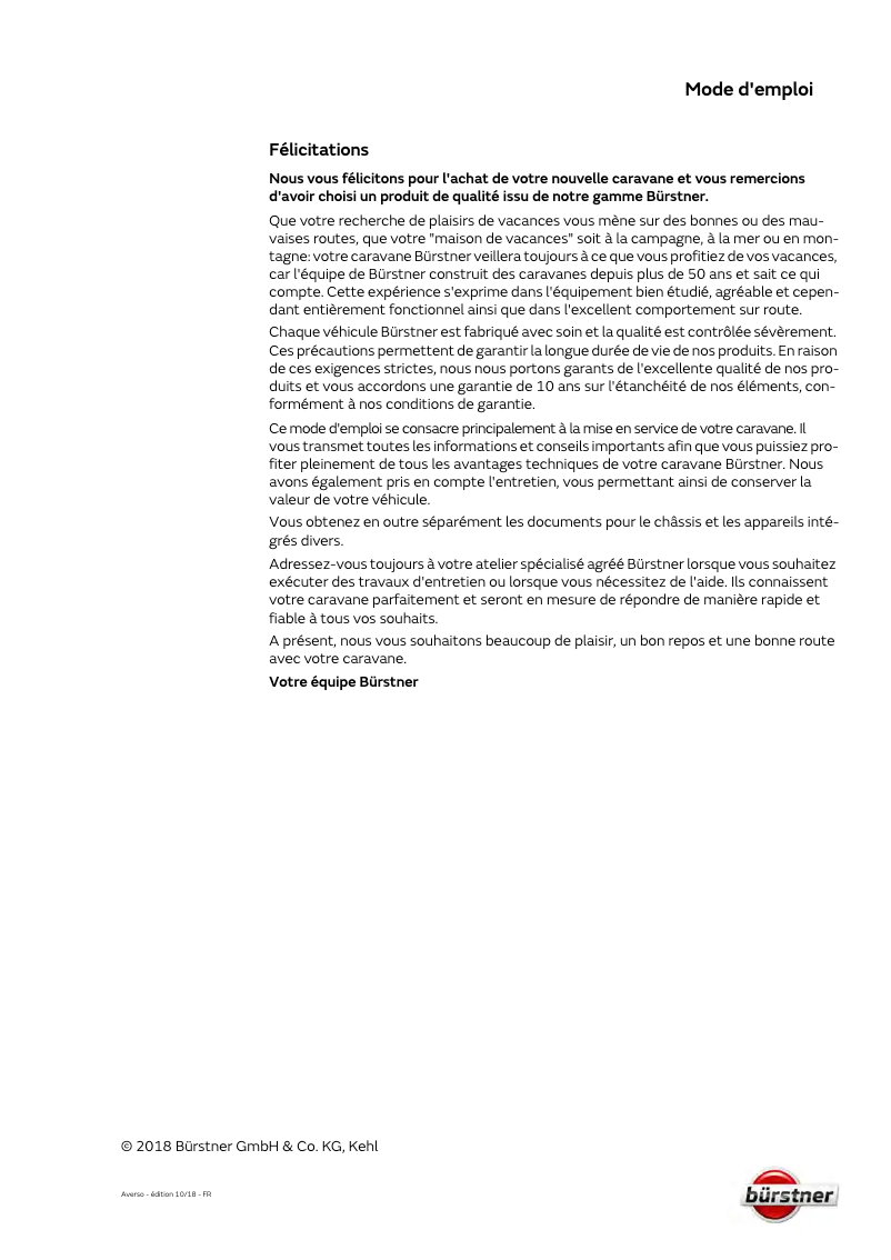 Page 1 de la notice Manuel utilisateur Bürstner Averso (2019)