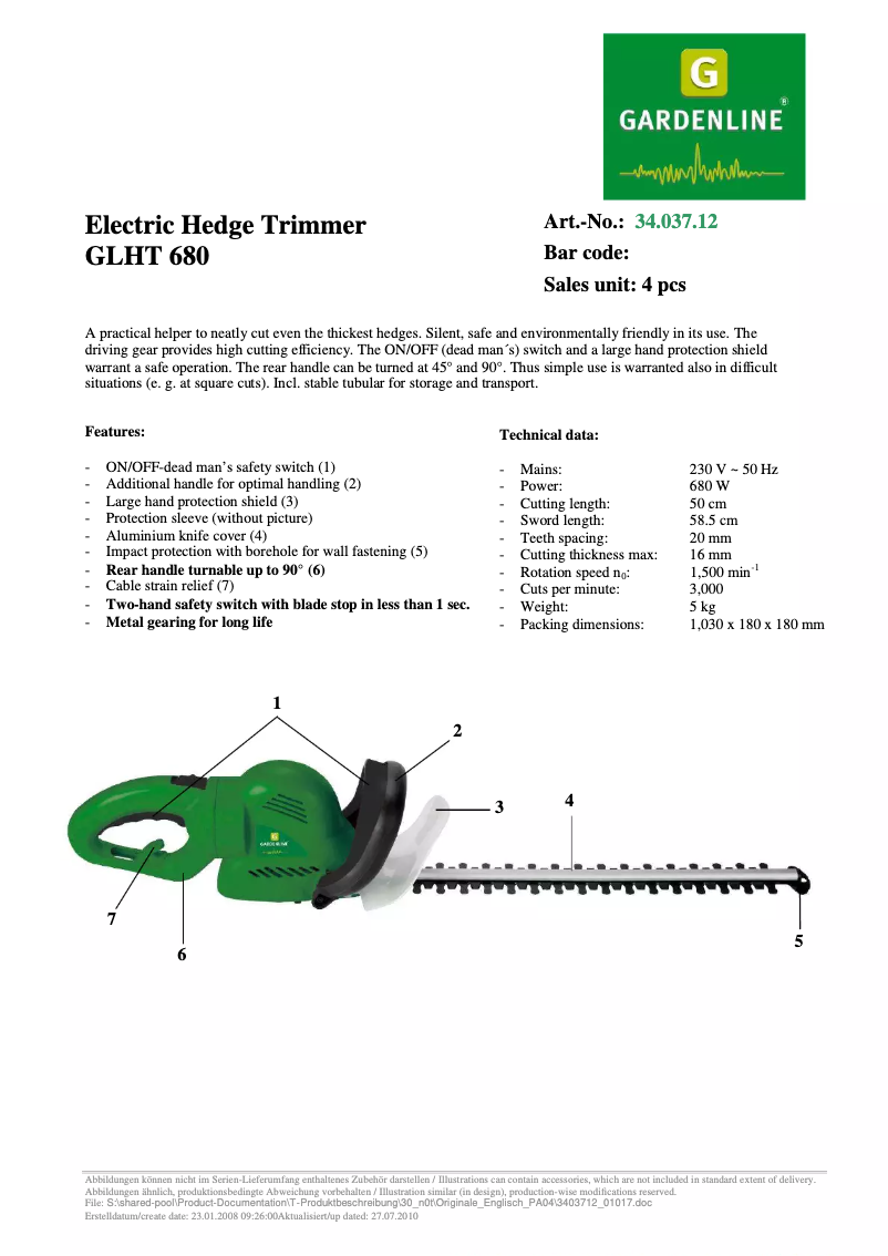 Page n°1 - Fiche technique Gardenline GLHT 680