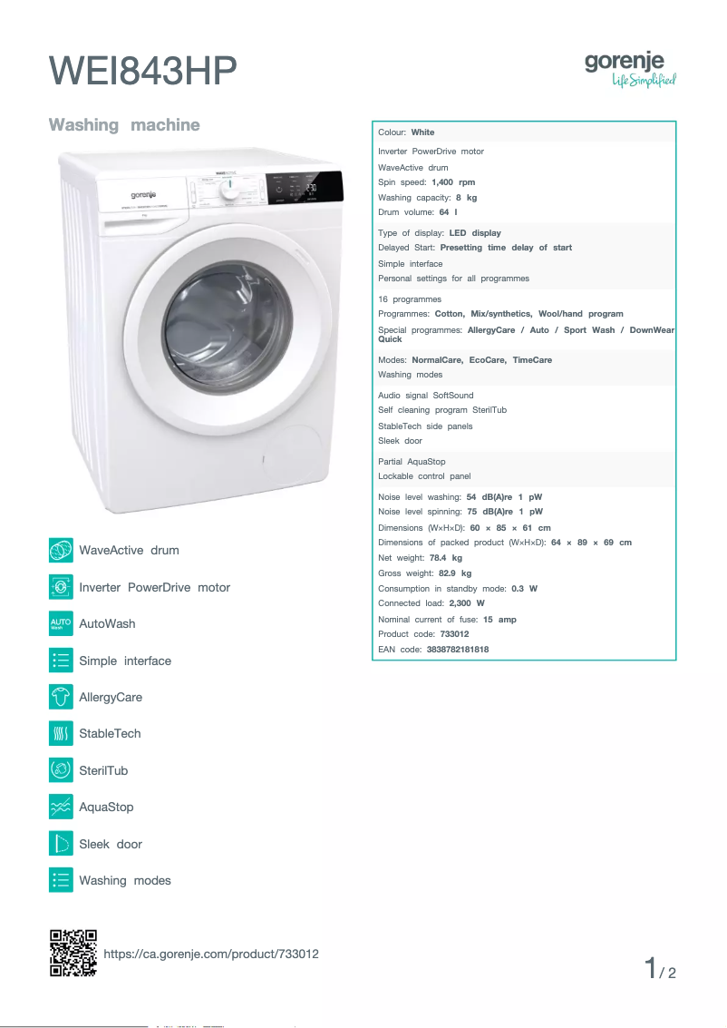 Page n°1 - Fiche technique Gorenje WEI843HP