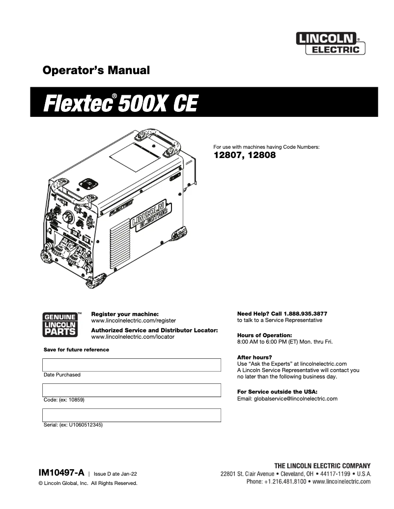 Page n°1 - Manuel utilisateur Lincoln Electric Flextec 500X CE