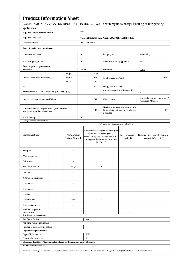 Page n°1 - Fiche technique TCL RP318BSE0UK