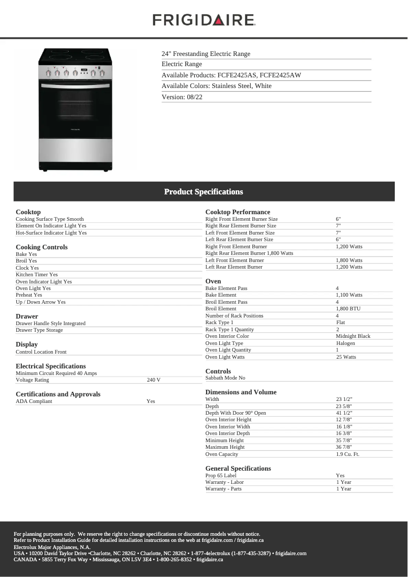 Página 1 del manual Ficha técnica Frigidaire FCFE2425AS