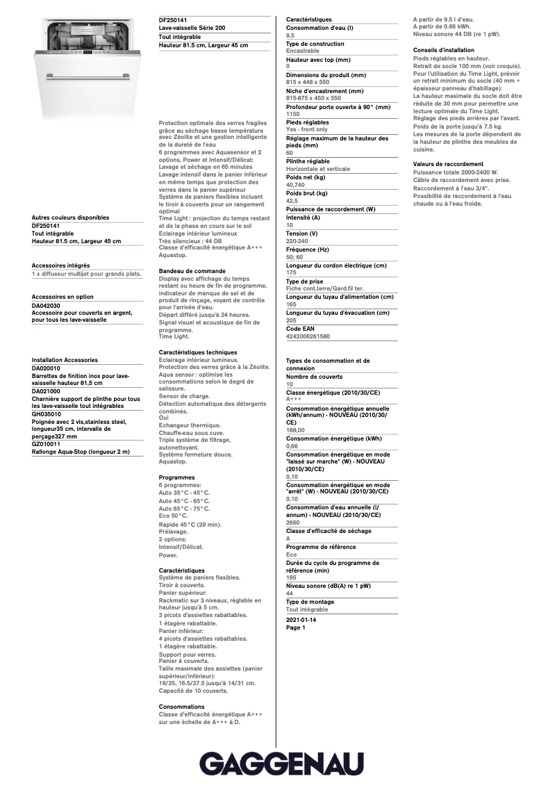 Page n°1 - Fiche technique Gaggenau DF250141
