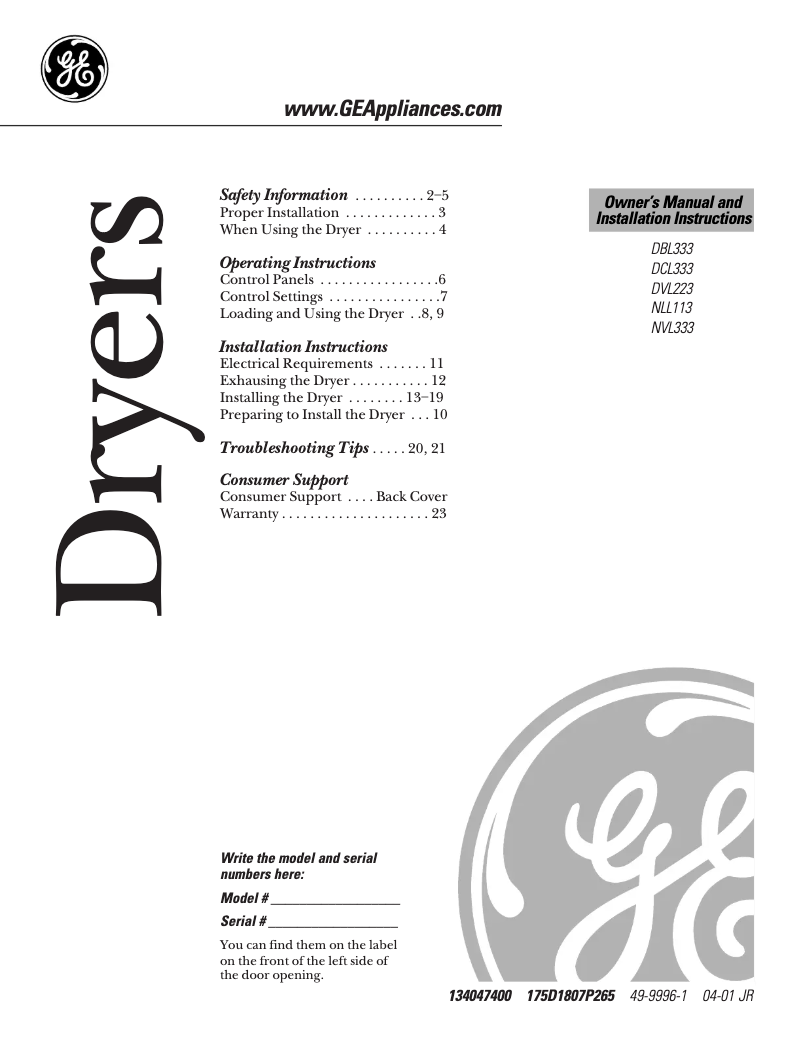 Page n°1 - Guide d'installation GE DBL333GAWW