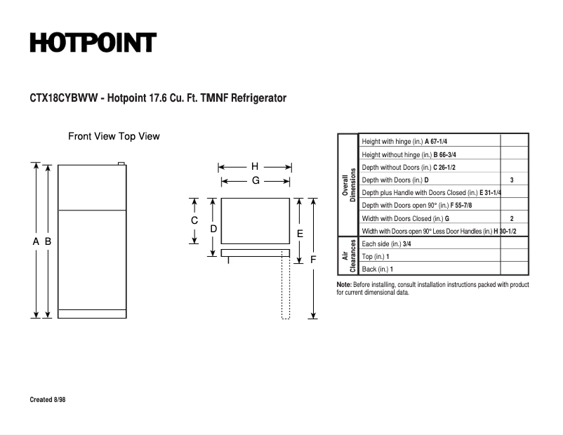 Page 1 de la notice Fiche technique Hotpoint CTX18CYBRWW