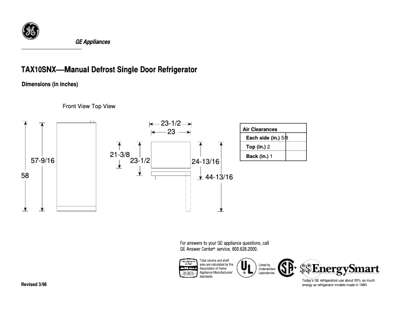 Page n°1 - Fiche technique GE TAX10SNXLWH