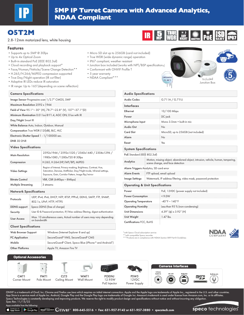 Page 1 de la notice Fiche technique Speco Technologies O5T2M
