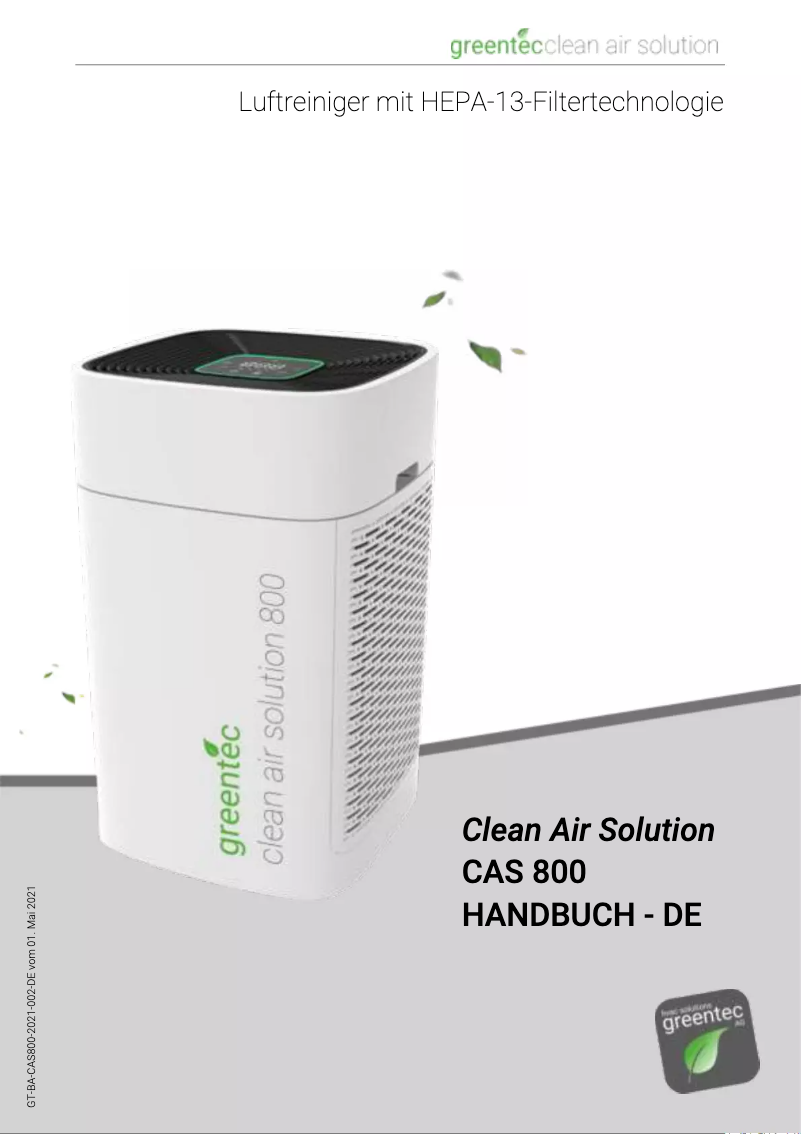 Page 1 of the manual User Manual Greentec Clean Air Solution 800