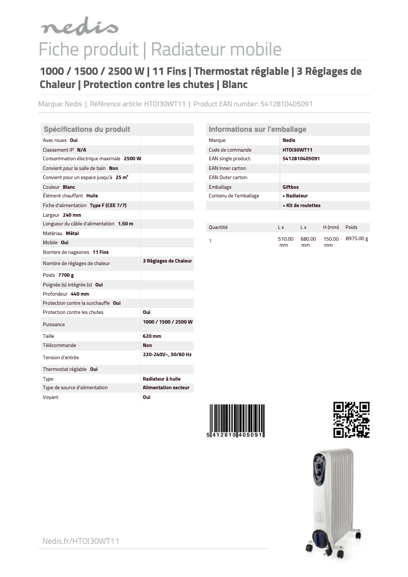 Page 1 de la notice Fiche technique Nedis HTOI30WT11