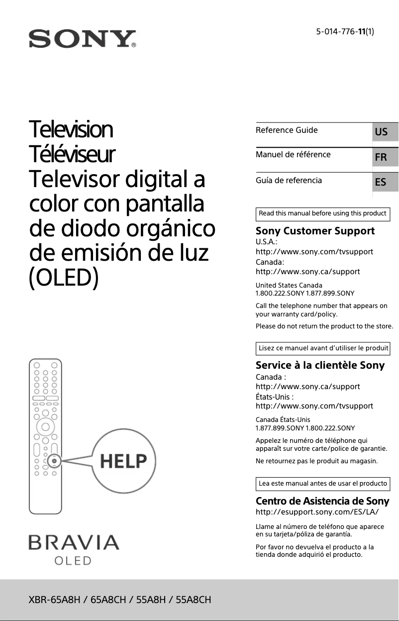 Image de la première page du manuel de l'appareil Bravia XBR-65A8H