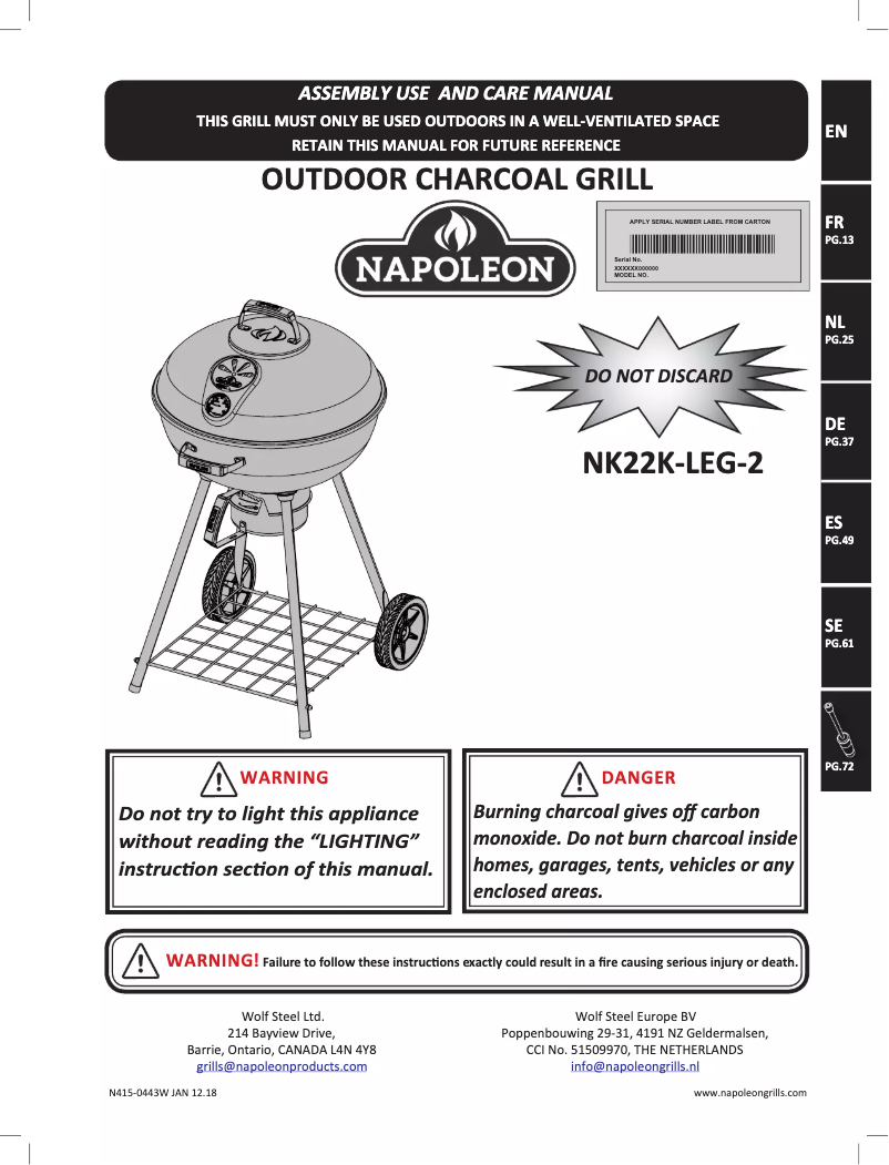 Page n°1 - Manuel utilisateur Napoleon Charcoal Kettle 57