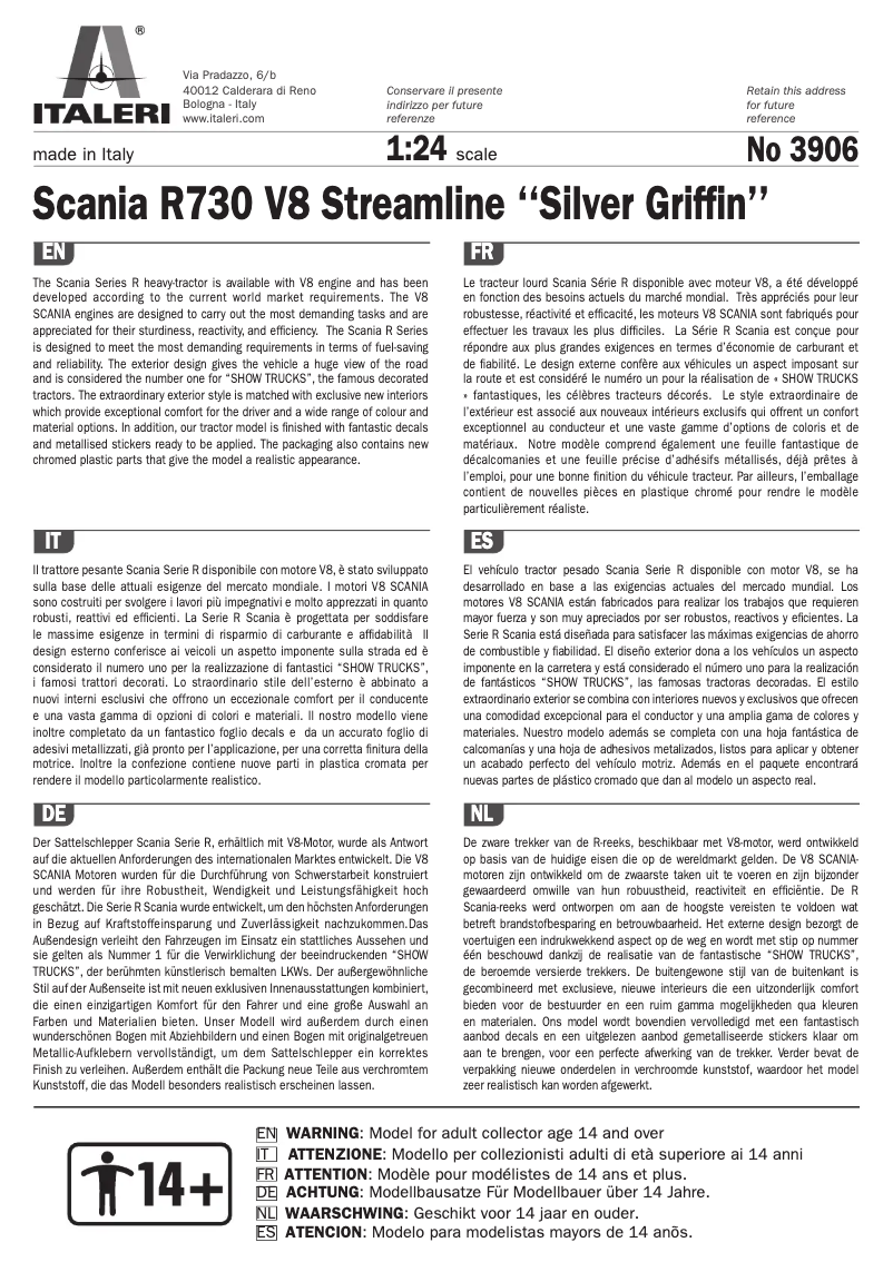 Page 1 de la notice Manuel utilisateur Italeri Scania R730 V8 Streamline ‘‘Silver Grifﬁn’’