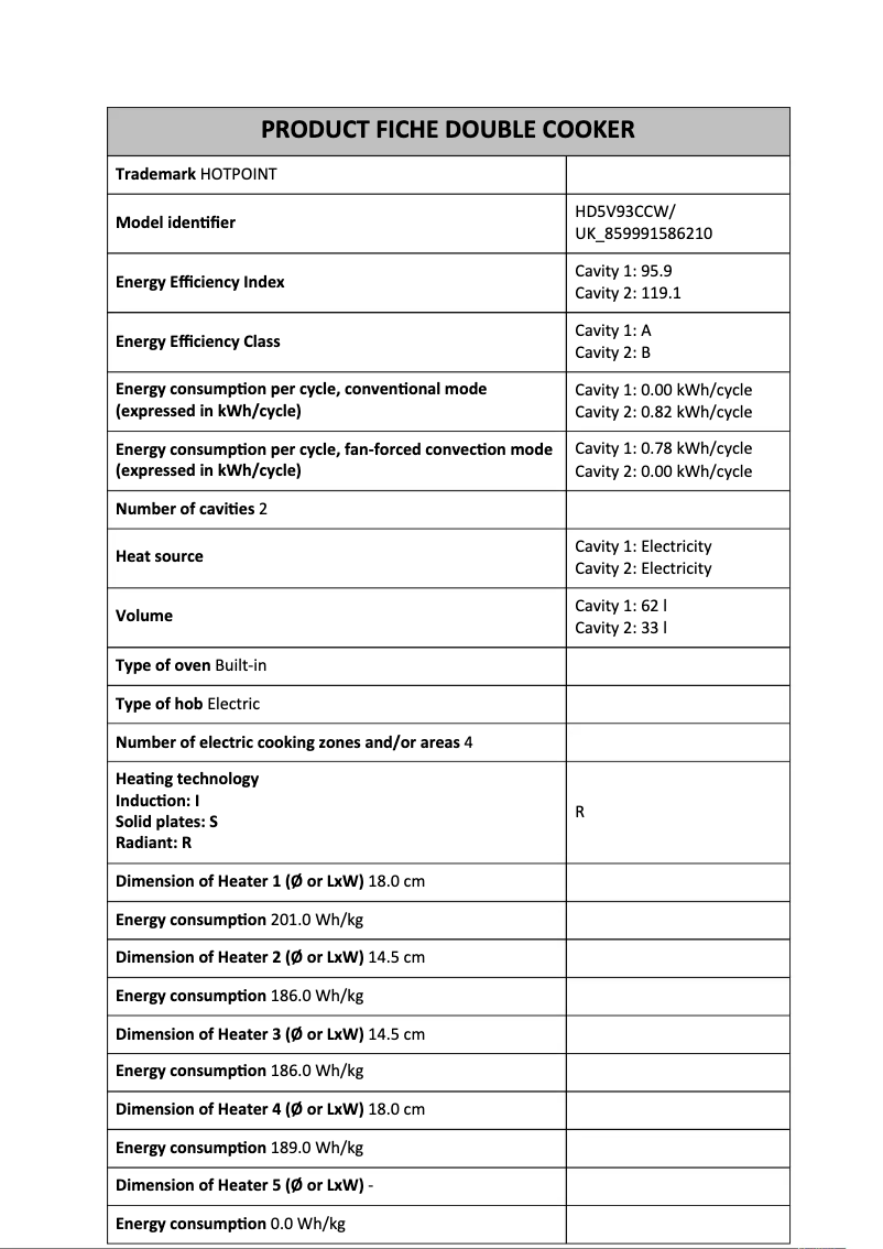 Page 1 de la notice Fiche technique Hotpoint HD5V93CCW/UK