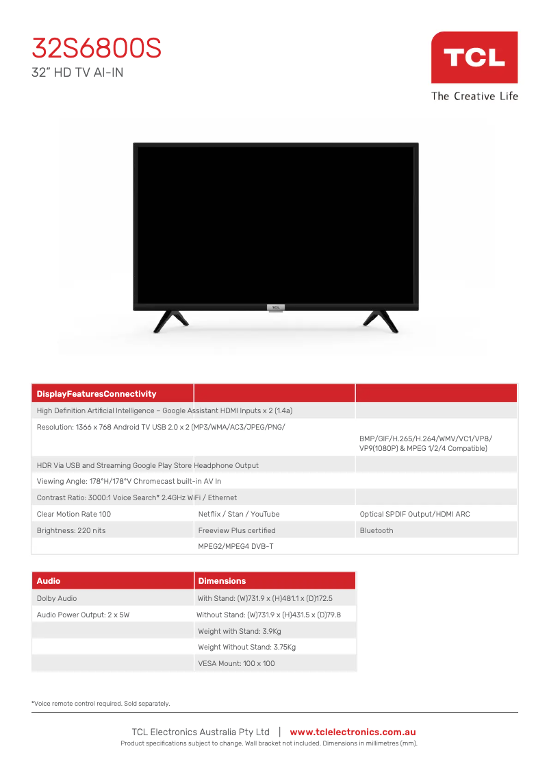 Page 1 de la notice Fiche technique TCL 32S6800S