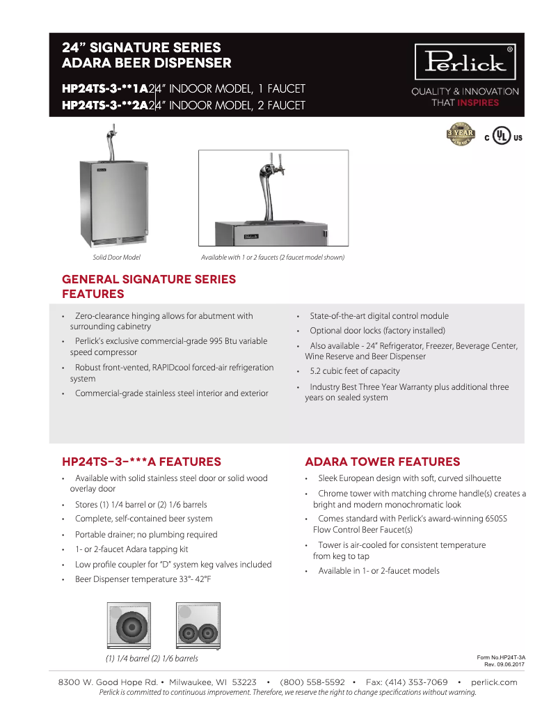 Page 1 de la notice Fiche technique Perlick HP24TS-3-2L2A