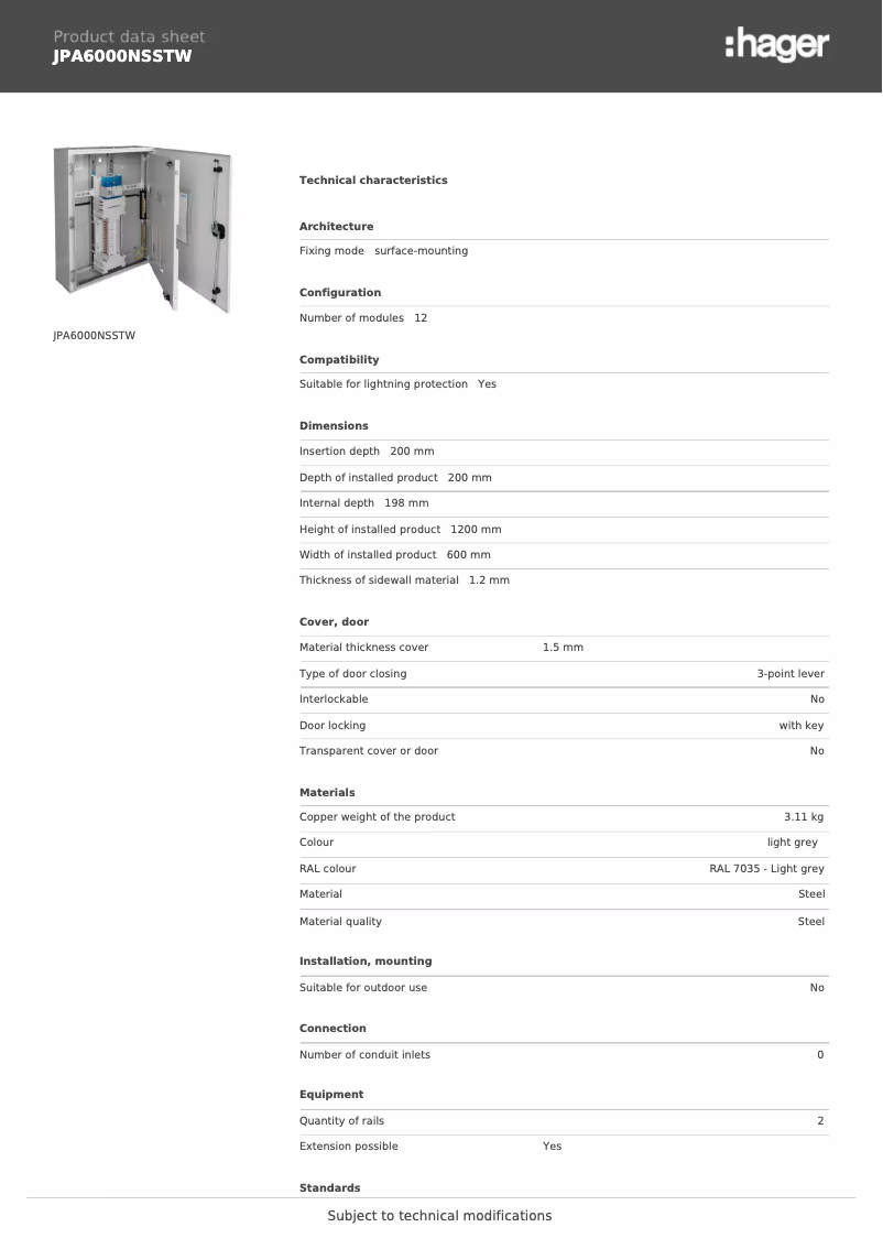 Page 1 de la notice Fiche technique Hager JPA6000NSSTW