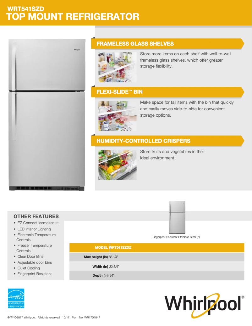 Page 1 de la notice Fiche technique Whirlpool WRT541SZHV