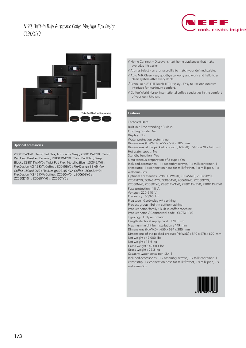 Página 1 del manual Ficha técnica Neff CL9TX11Y0