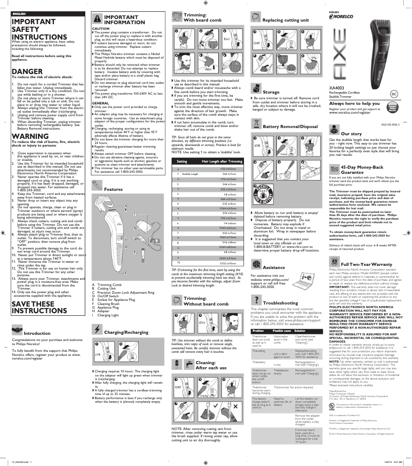 Page 1 de la notice Manuel utilisateur Philips Norelco XA4003