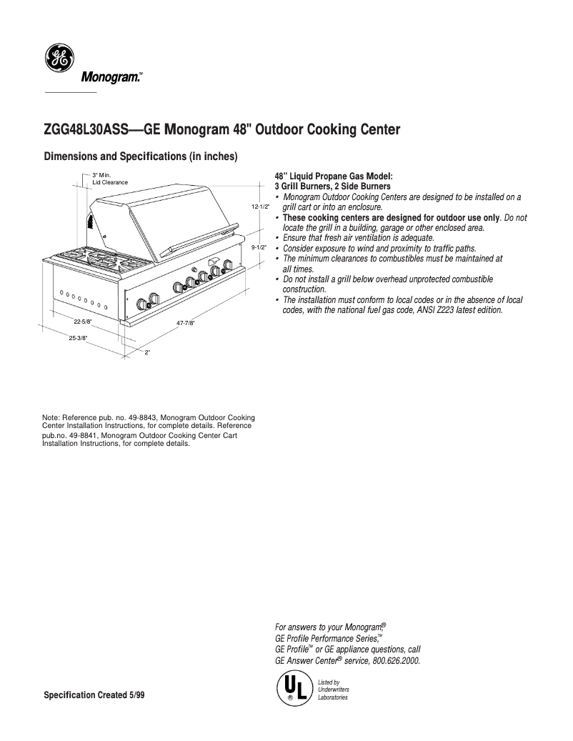 Page n°1 - Fiche technique GE ZGG48L30ASS