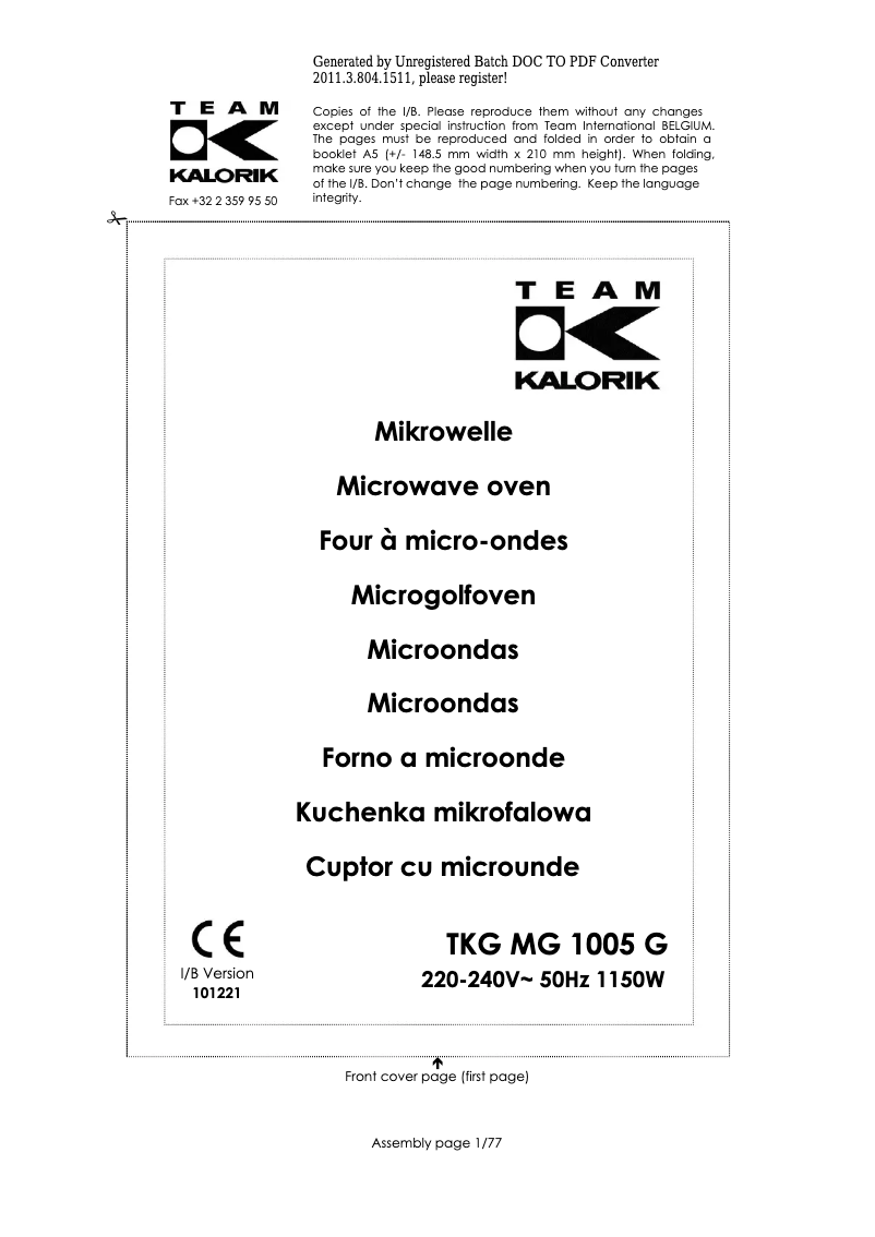 Page 1 de la notice Manuel utilisateur Kalorik TKG MG 1005 G