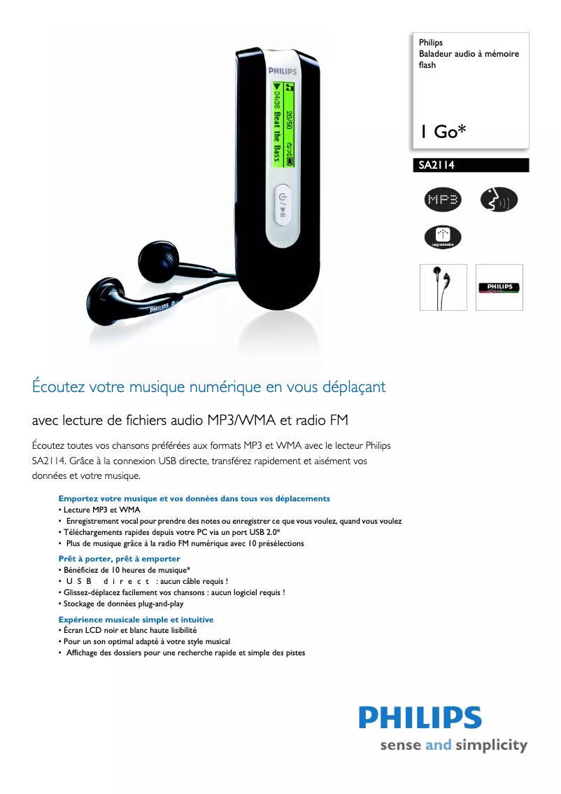 Page 1 de la notice Fiche technique Philips SA2114
