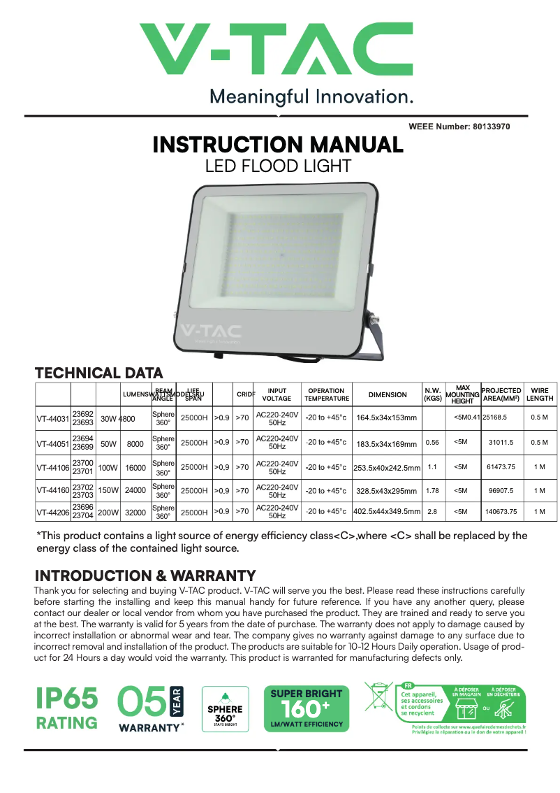 Page 1 de la notice Manuel utilisateur V-TAC VT-44031
