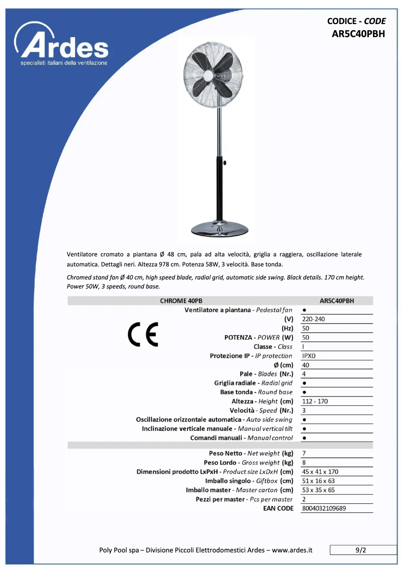 Page n°1 - Fiche technique Ardes AR5C40PBH