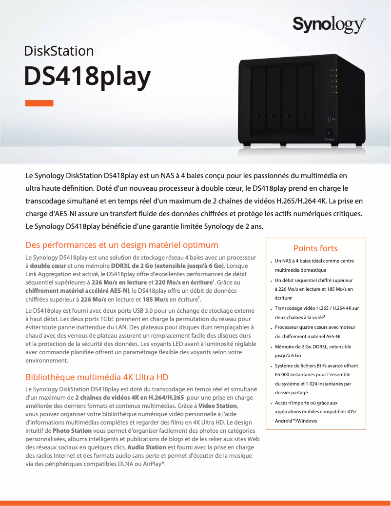 Page 1 de la notice Fiche technique Synology DiskStation DS418play