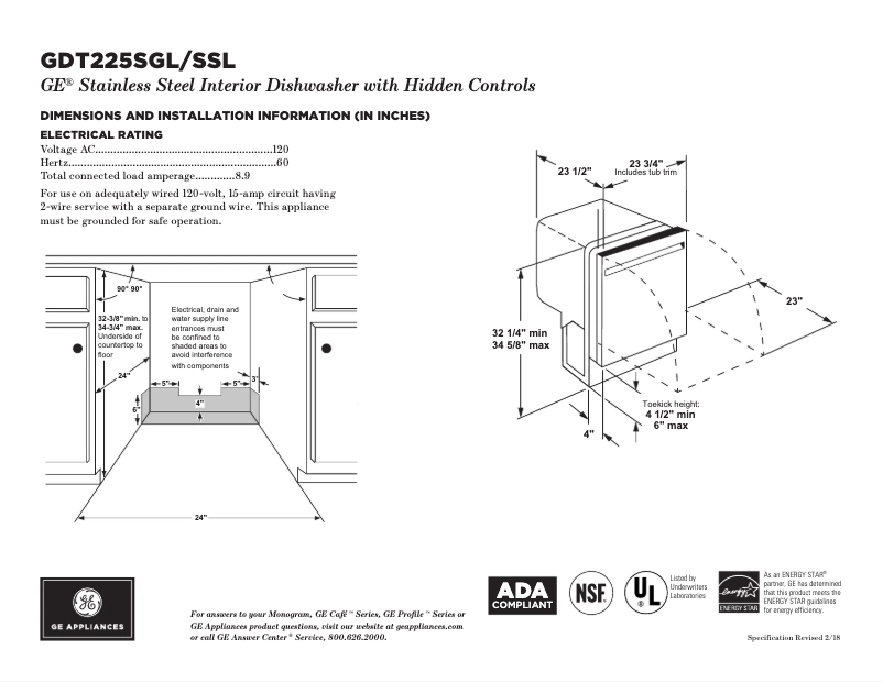Page 1 de la notice Fiche technique GE GDT225SGLBB