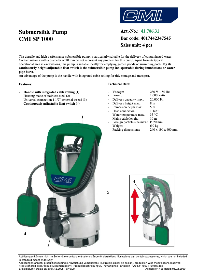 Page n°1 - Fiche technique CMI SP 1000