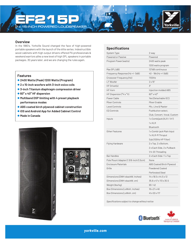Page 1 of the manual Technical Sheet Yorkville Elite EF215P