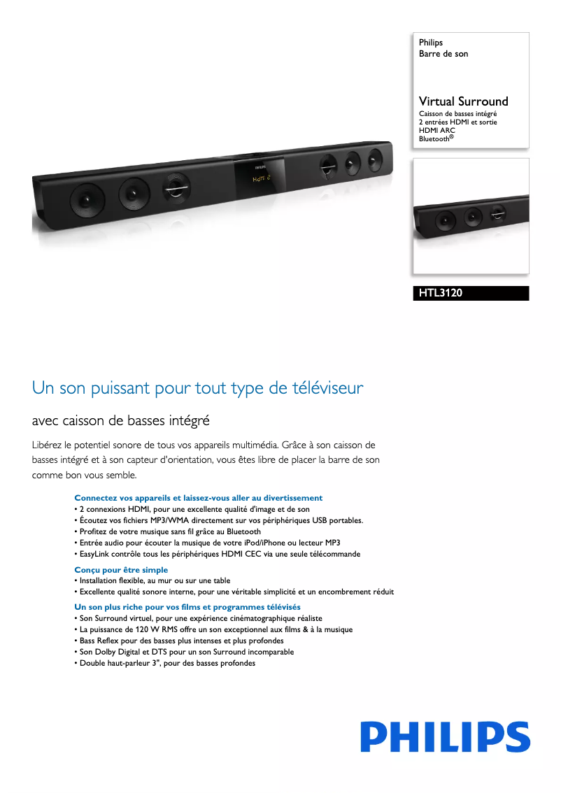 Page 1 de la notice Fiche technique Philips HTL3120