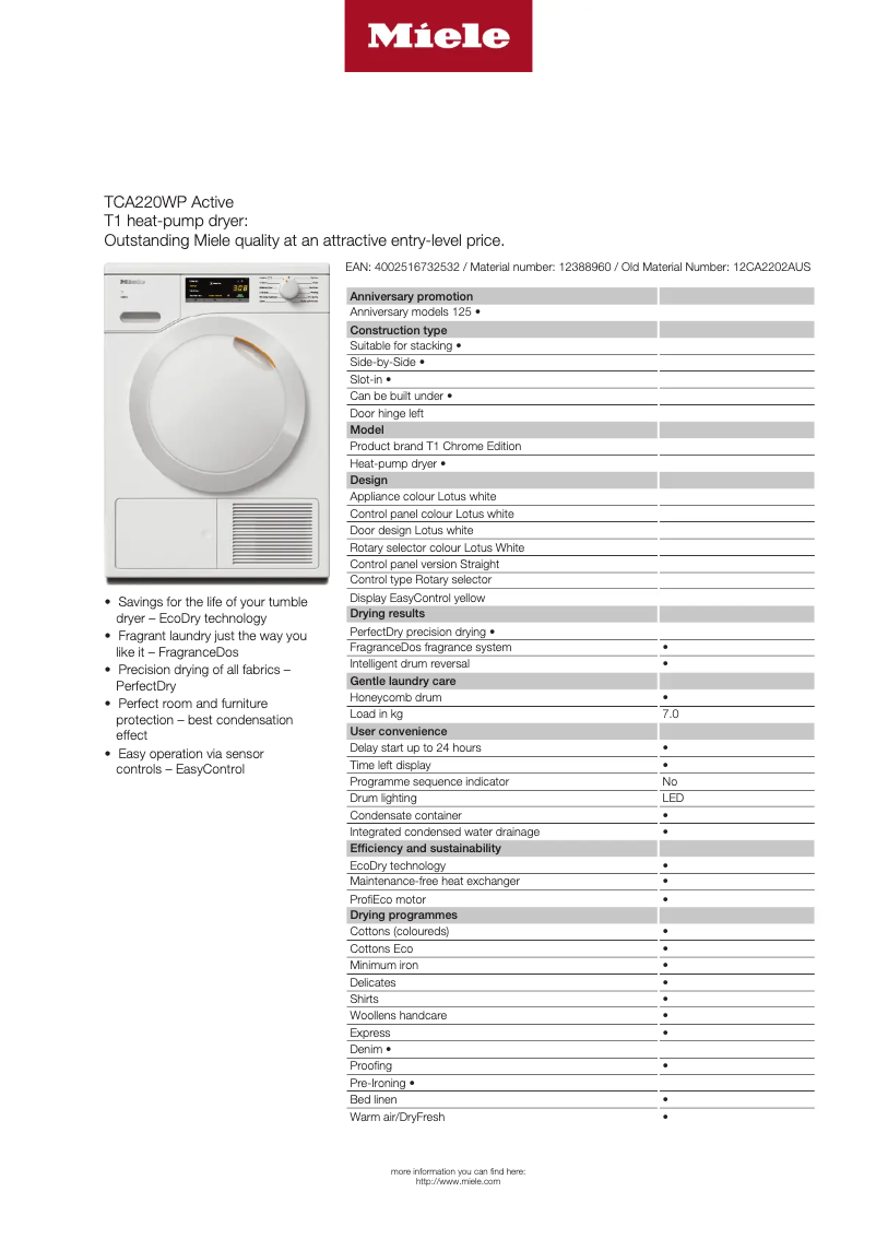 Page 1 de la notice Fiche technique Miele TCA220 WP