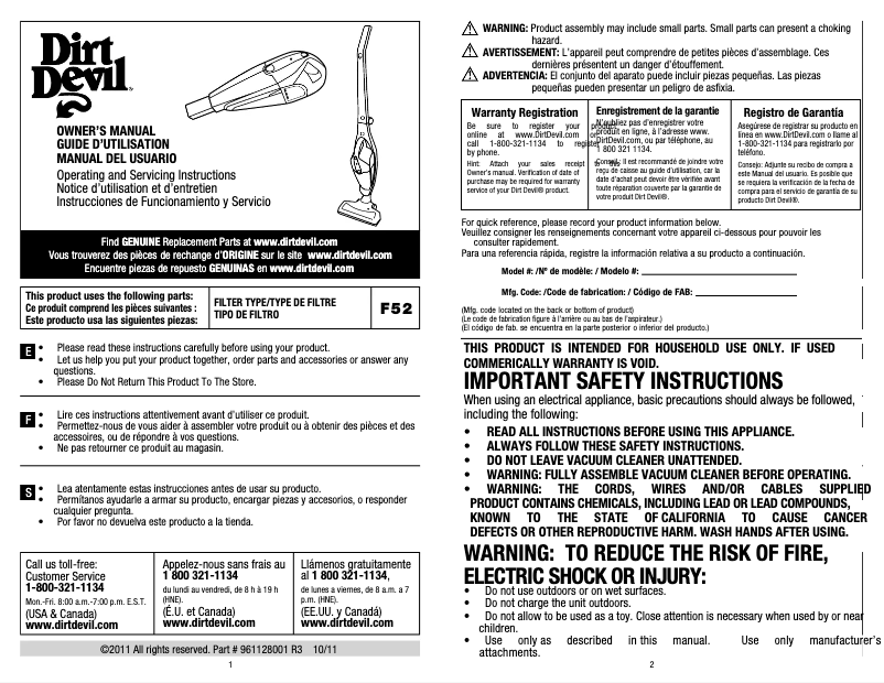 Page n°1 - Manuel utilisateur Dirt Devil Quick Flex BD20050