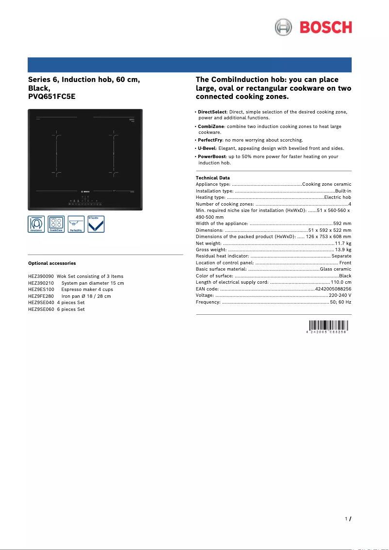 Page 1 de la notice Fiche technique Bosch Serie 6 PVQ651FC5E