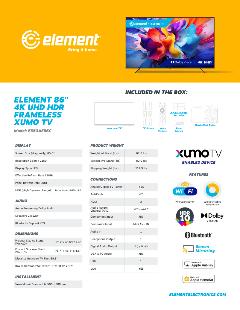 Page 1 de la notice Fiche technique Element E550AE86C