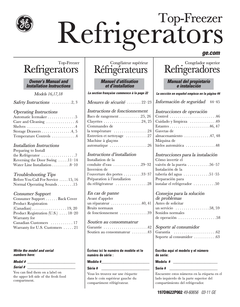 Page 1 de la notice Manuel utilisateur GE GTH18HBCBB