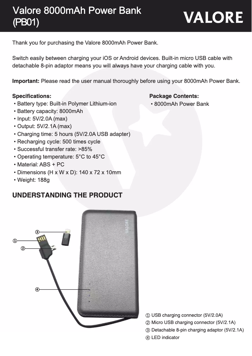 Page 1 de la notice Manuel utilisateur Valore PB01