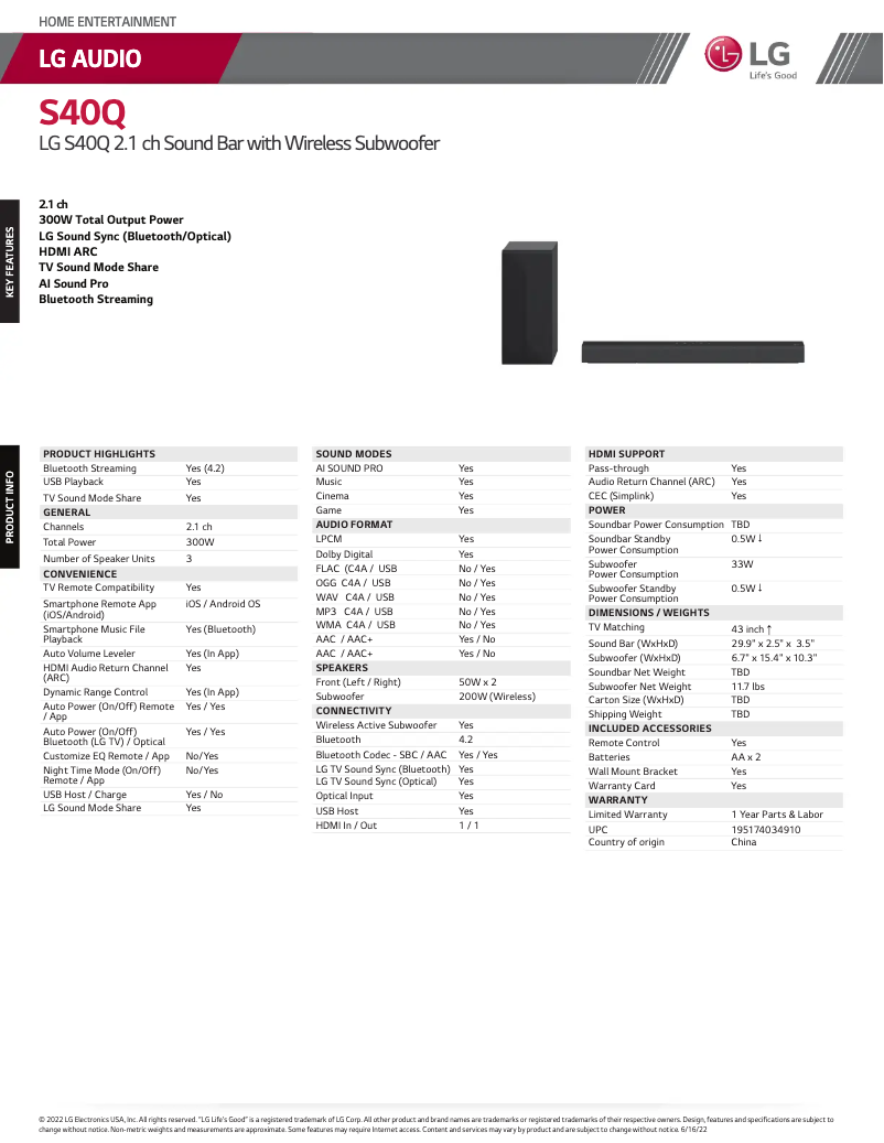 Page 1 de la notice Fiche technique LG S40Q