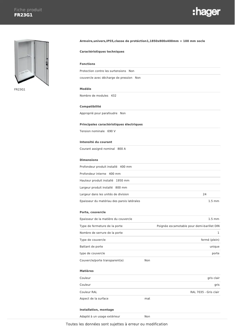 Page 1 de la notice Fiche technique Hager FR23G1