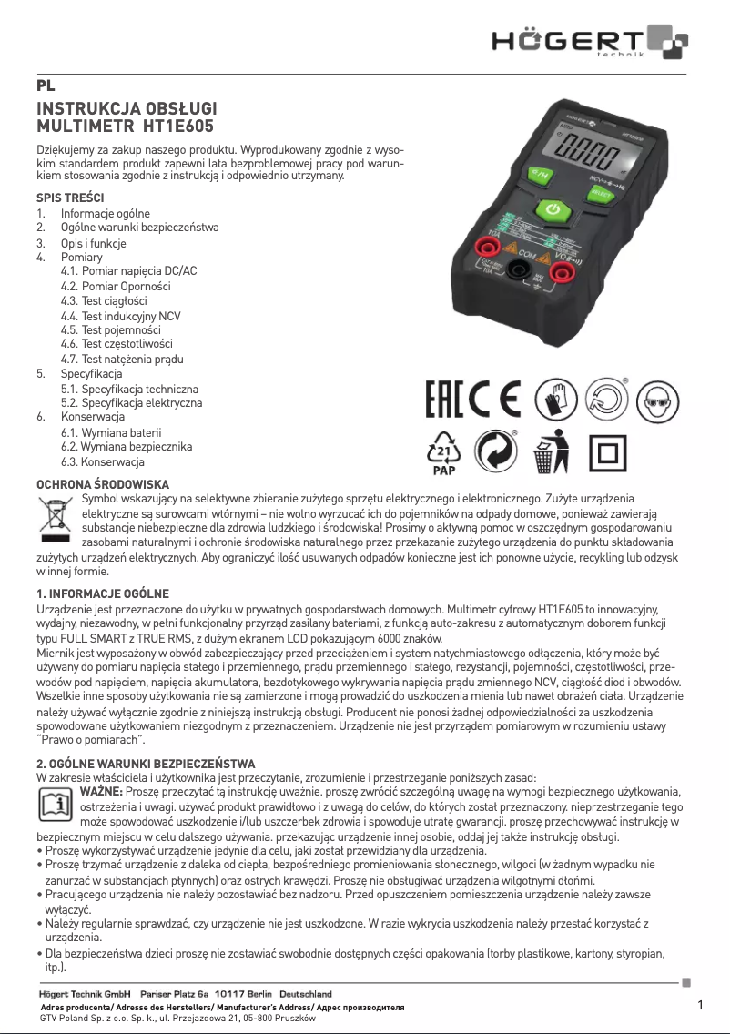 Image de la première page du manuel de l'appareil HT1E605