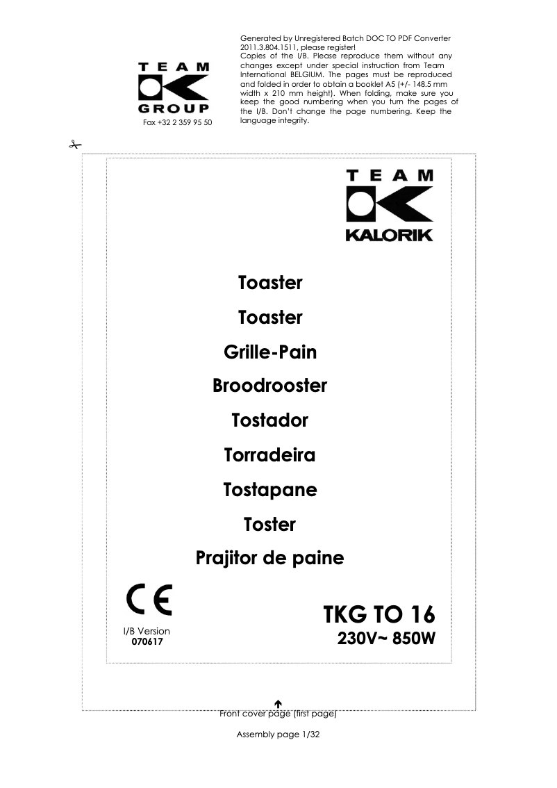 Página 1 del manual Manual de usuario Kalorik TKG TO 16