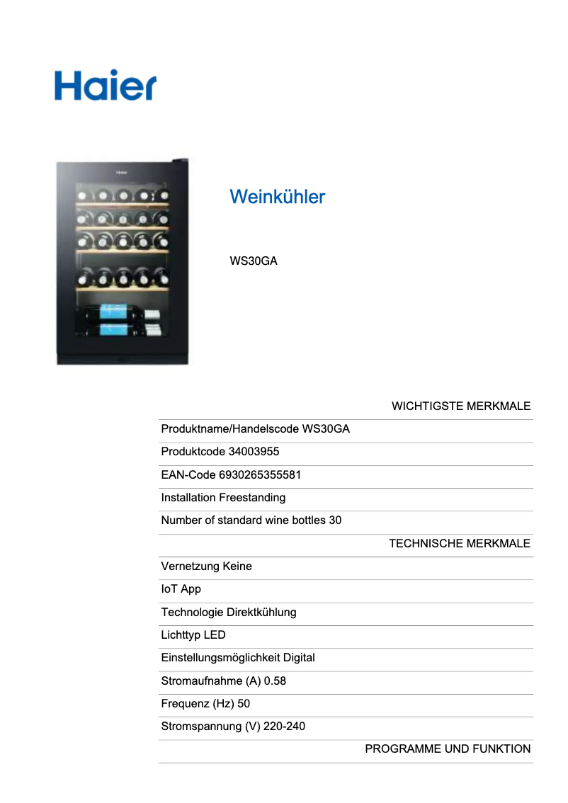 Image de la première page du manuel de l'appareil WS30GA