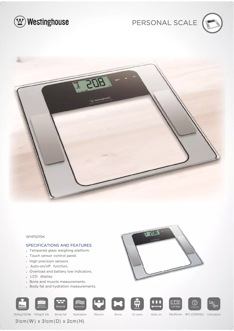 Page 1 de la notice Fiche technique Westinghouse WHPS01SK