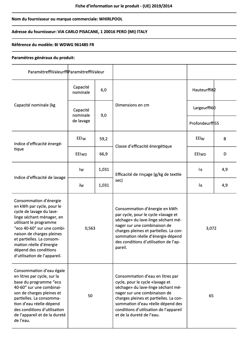 Page n°1 - Fiche technique Whirlpool BI WDWG 961485
