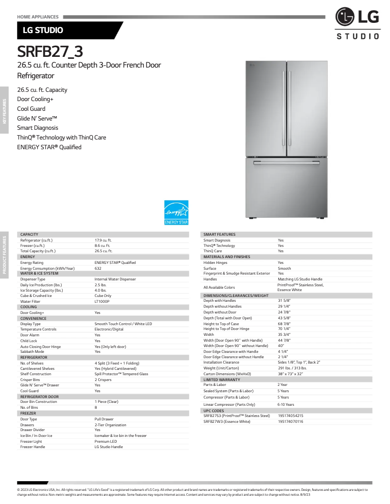 Page 1 de la notice Fiche technique LG SRFB27S3
