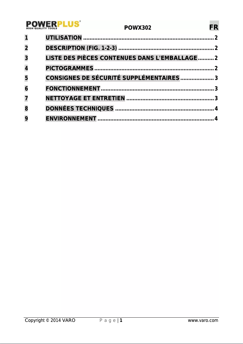Page 1 de la notice Manuel utilisateur VARO POWX302
