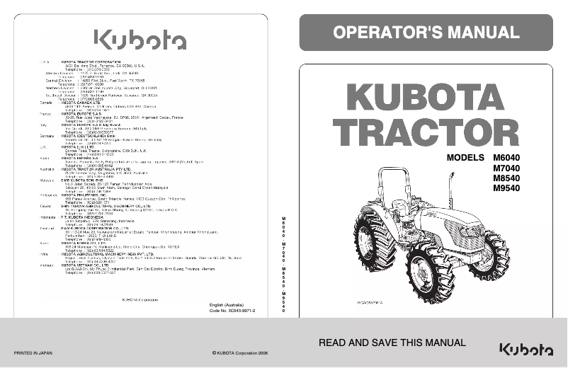 Page 1 de la notice Manuel utilisateur Kubota M9540