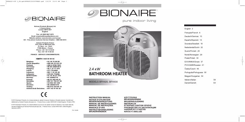 Page 1 de la notice Manuel utilisateur Bionaire BFH430